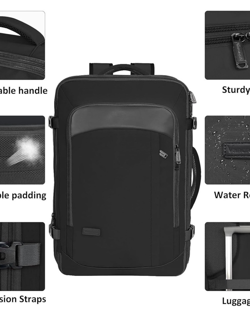 Black 50L Travel Backpack Carry-On with Laptop Compartment - Picture 3 of 8